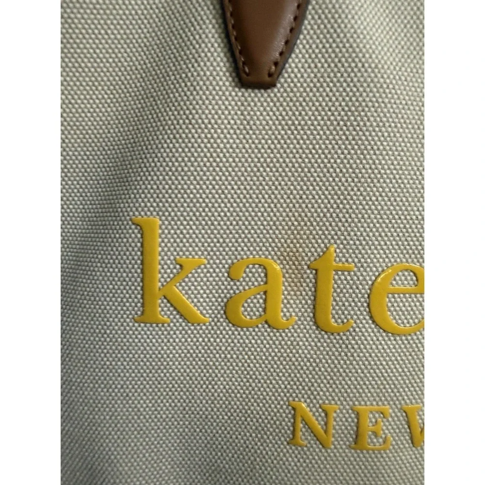 Kate Spade NY Large Market Tote Bag Beige Canvas,‎ Brown Leather Yellow
